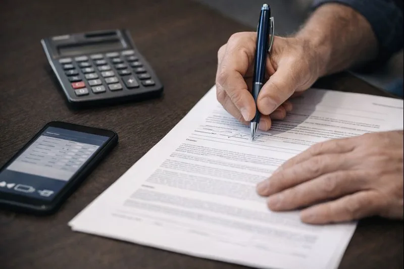 Firma de contrato de compra de auto con calculadora