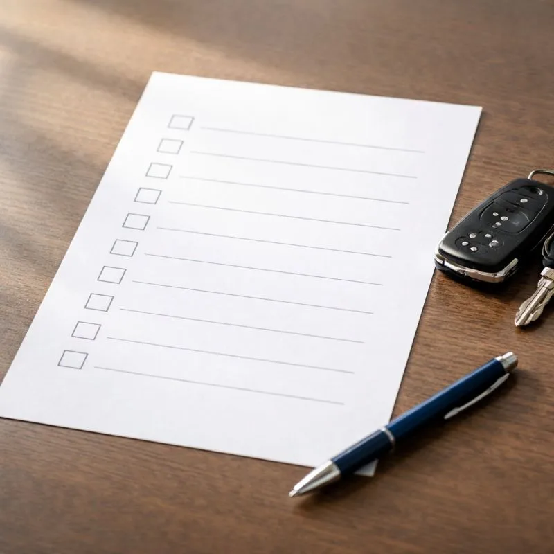 Checklist de compra de auto sobre un escritorio