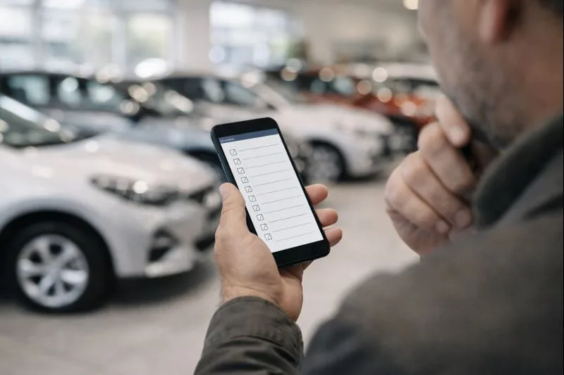 Persona revisando checklist en celular frente a autos en agencia