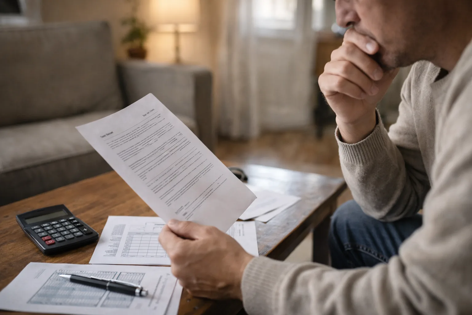 Persona mirando un contrato con cara de duda y una calculadora al lado
