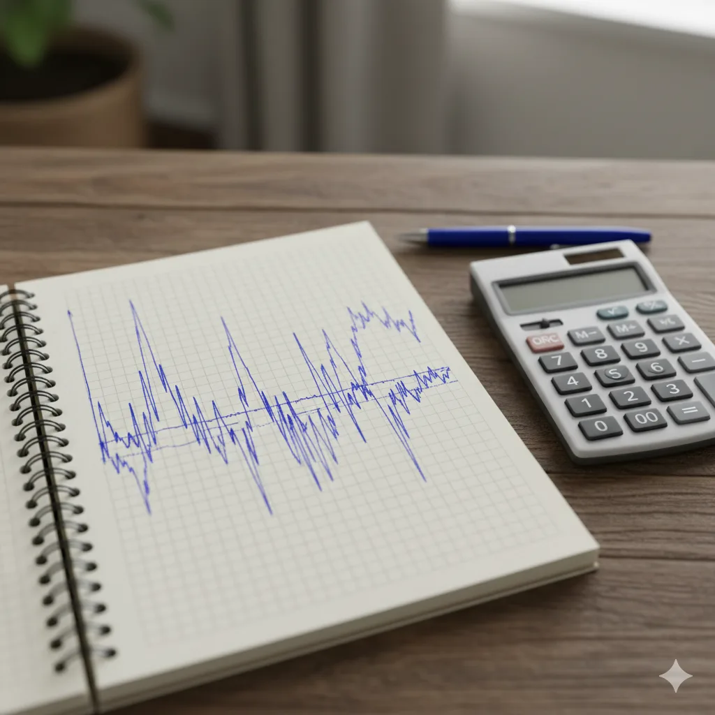 Gráfico simple de un precio con picos y valles dibujado en una libreta