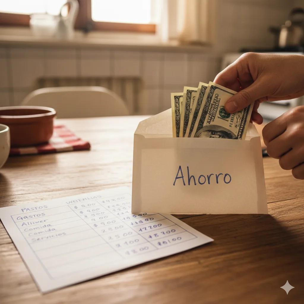 Persona guardando dólares en un sobre junto a un presupuesto mensual