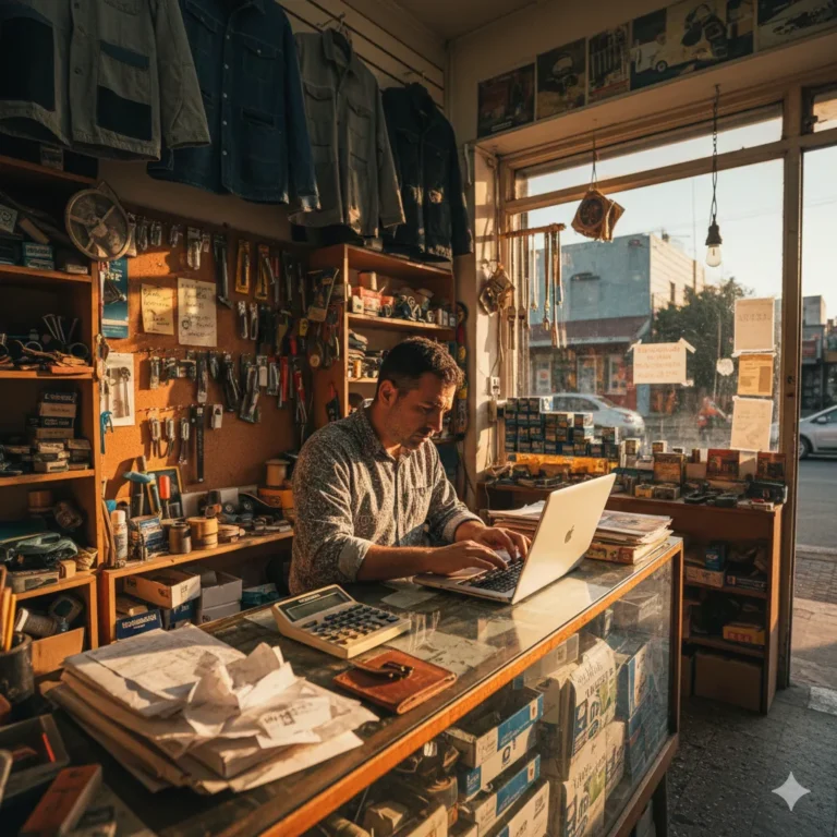 Emprendedor en un local chico revisando ventas y gastos en una notebook