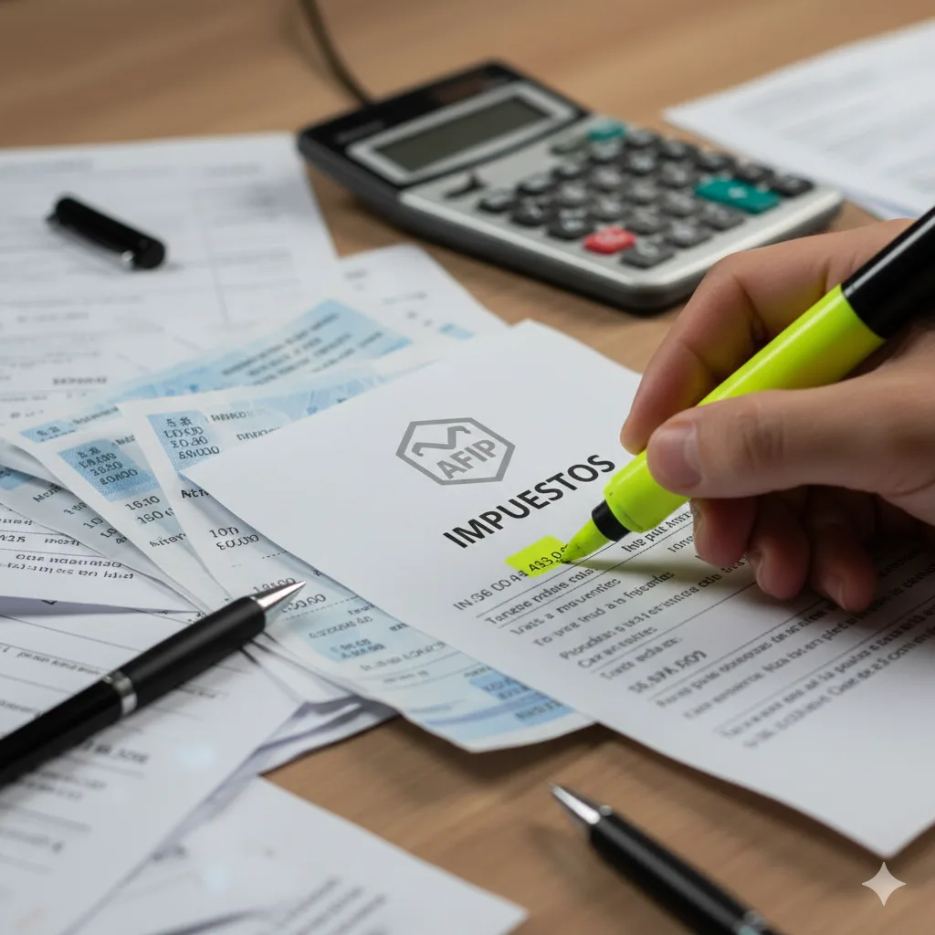Papeles de AFIP, recibos y una calculadora sobre una mesa