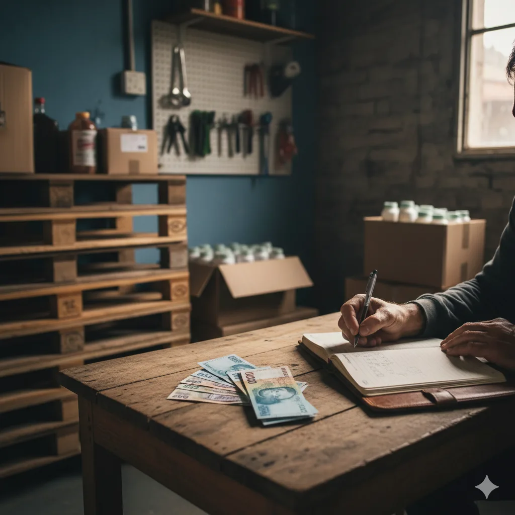 Emprendedor contando billetes y anotando costos en una libreta