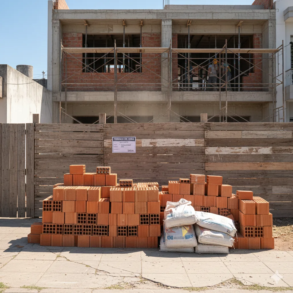 Cartel de obra y materiales apilados en una construcción