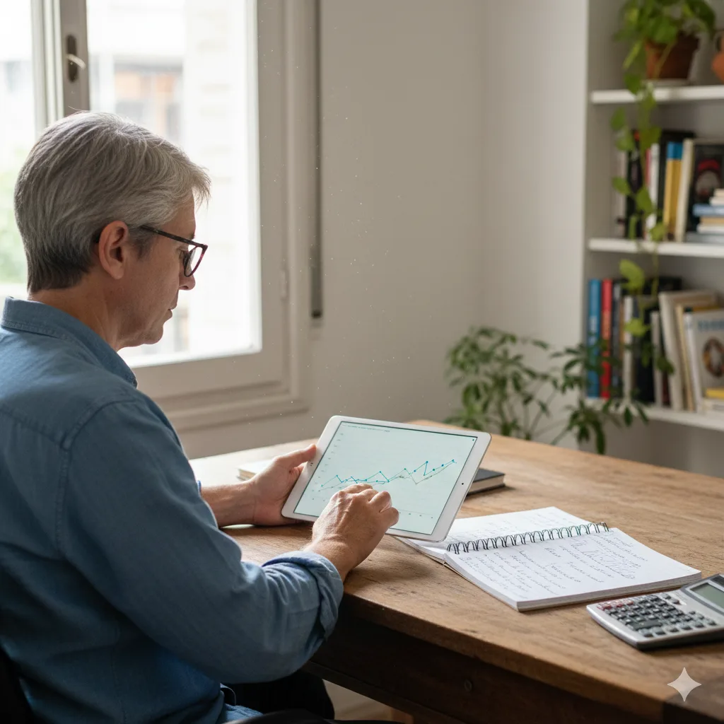 Persona leyendo un informe económico en una pantalla con una libreta al lado