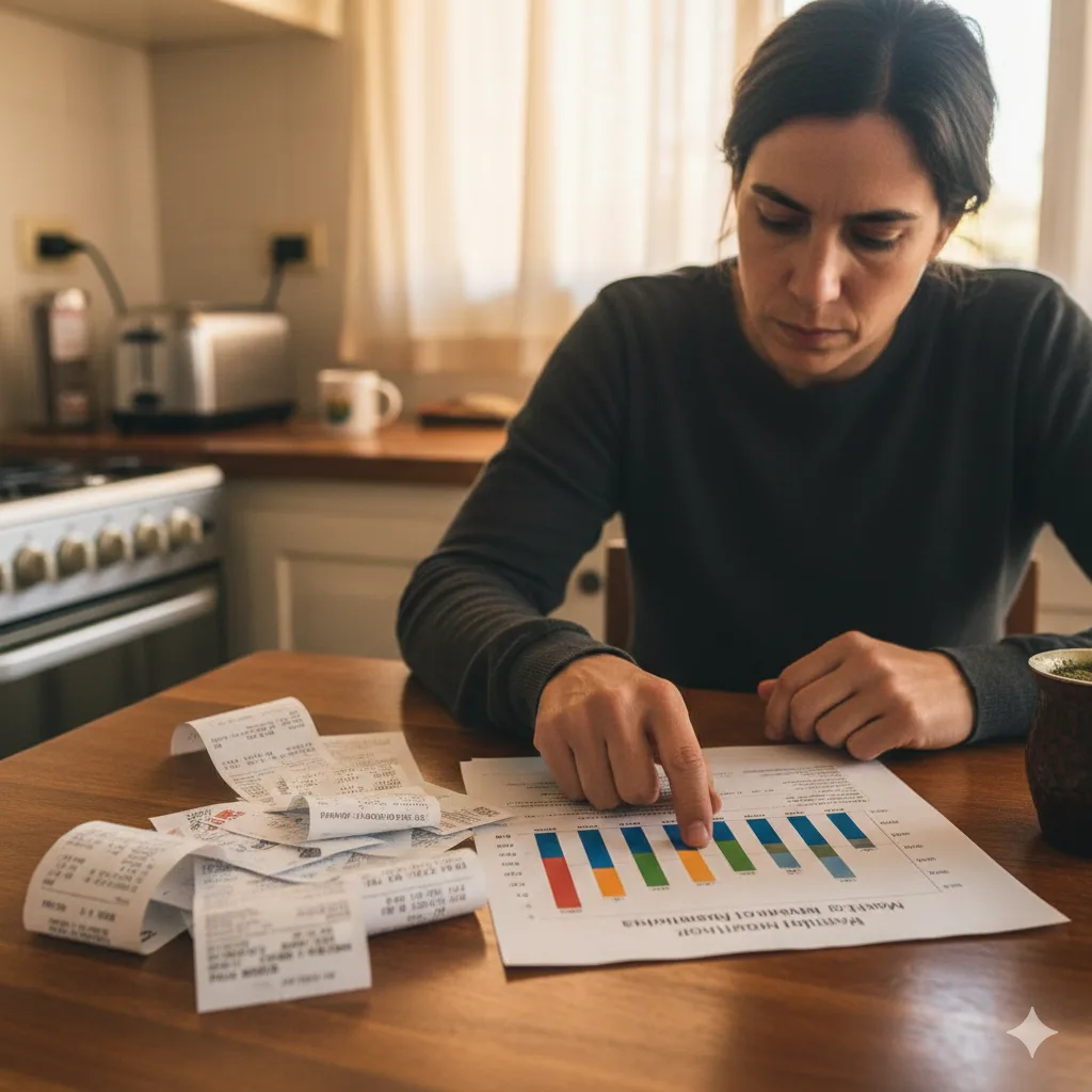 Persona revisando gastos del mes y comparándolos con un gráfico sencillo