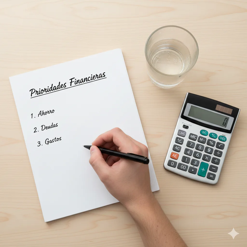 Persona armando una lista de prioridades financieras en una hoja