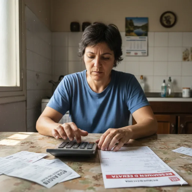 Persona revisando cuentas y resumen de tarjeta en una mesa con calculadora