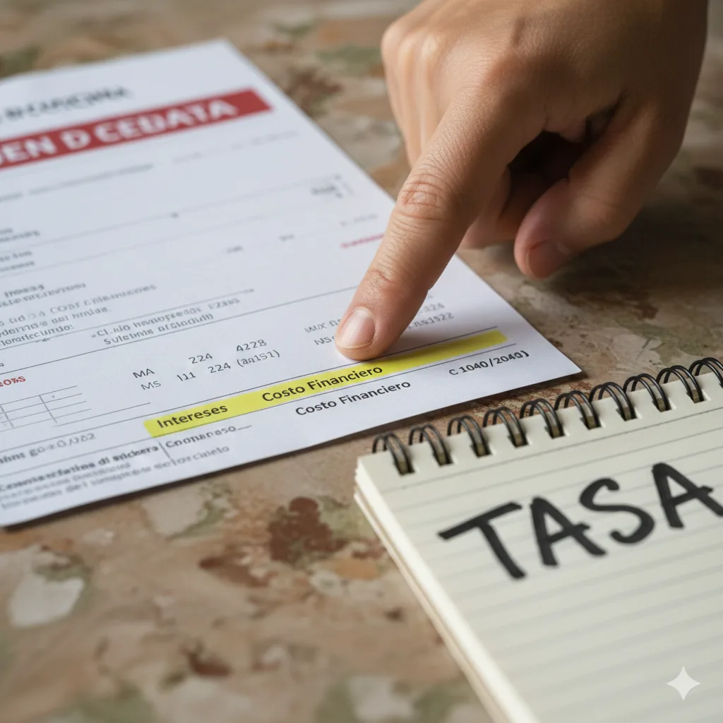 Persona mirando un resumen de tarjeta con una nota de “tasa” marcada
