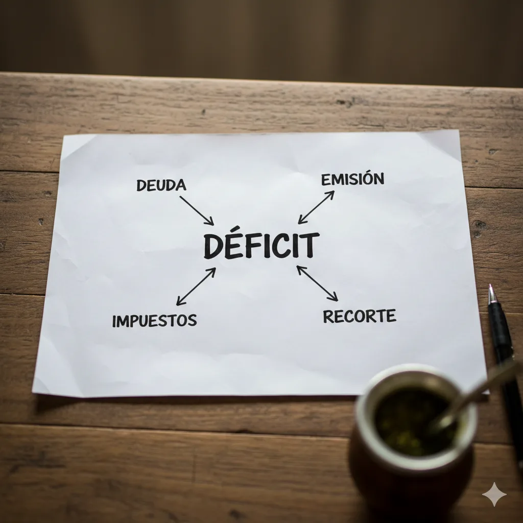 Esquema simple dibujado: déficit, deuda, emisión, impuestos y efectos