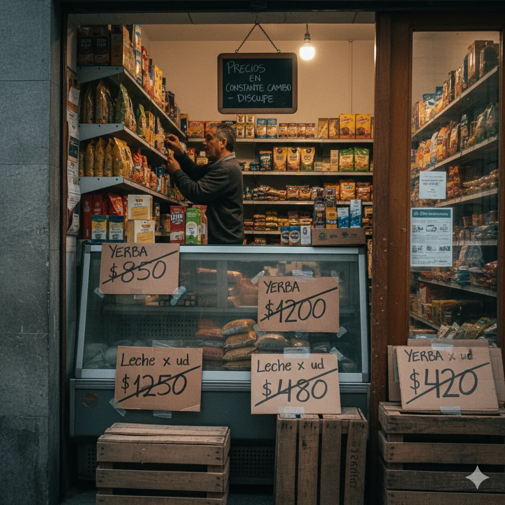 Carteles de precios cambiados en un comercio de barrio