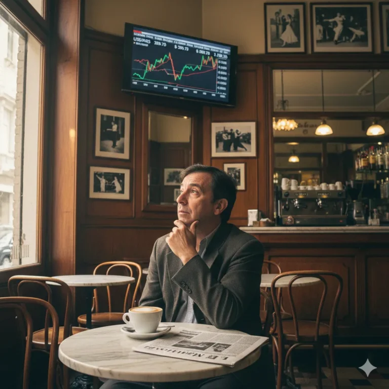 Persona mirando una pizarra con números de dólar y reservas en un noticiero