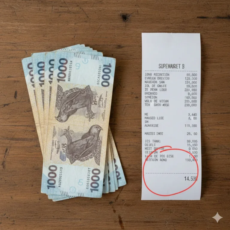 Billetes argentinos sobre una mesa junto a un ticket de supermercado