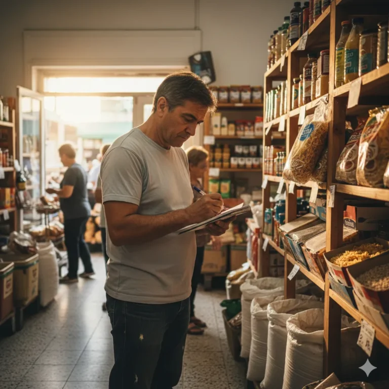 Persona mirando precios en una góndola con una libreta de compras