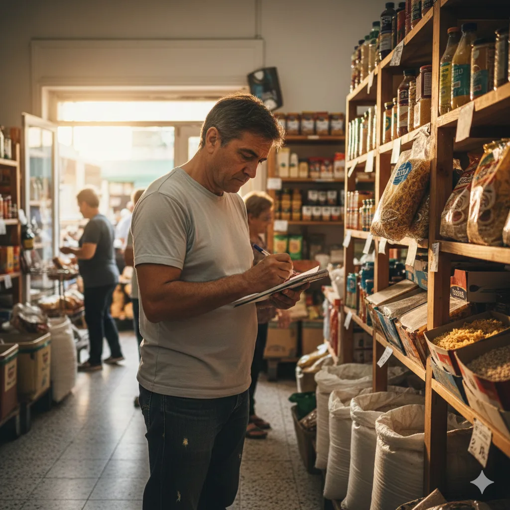 Persona mirando precios en una góndola con una libreta de compras
