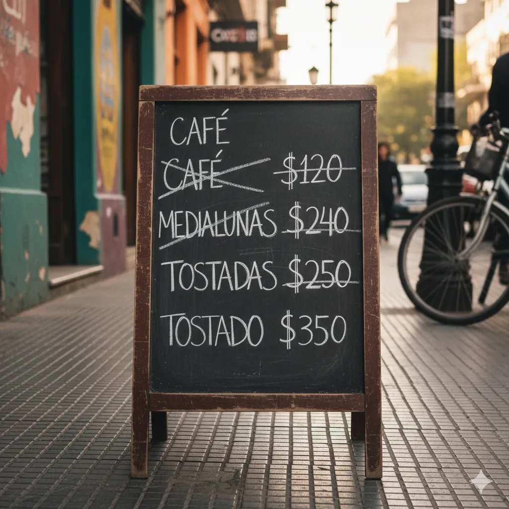 Cartel de precios tachados y reescritos en una pizarra