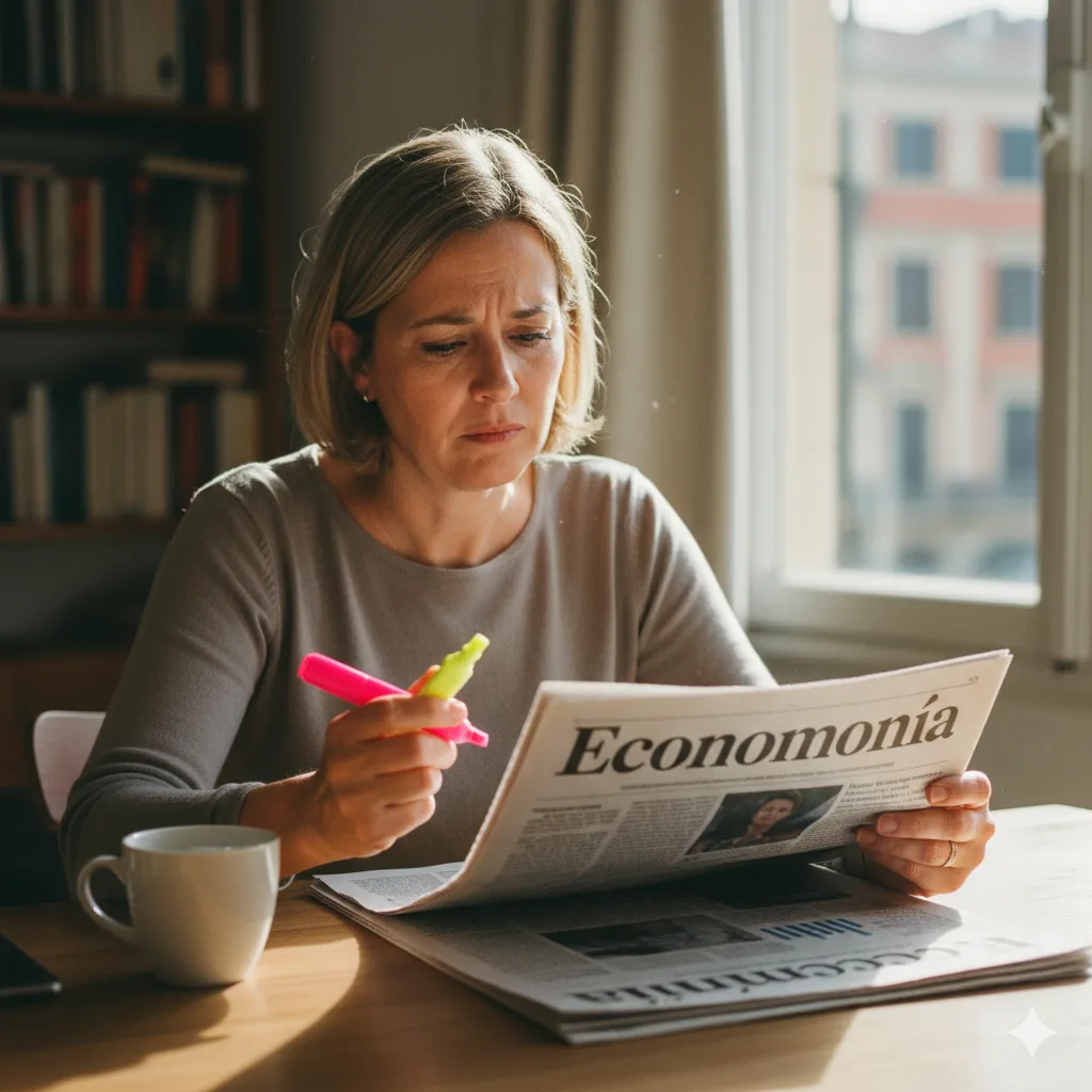 Persona leyendo noticias económicas con dos resaltadores y cara de duda