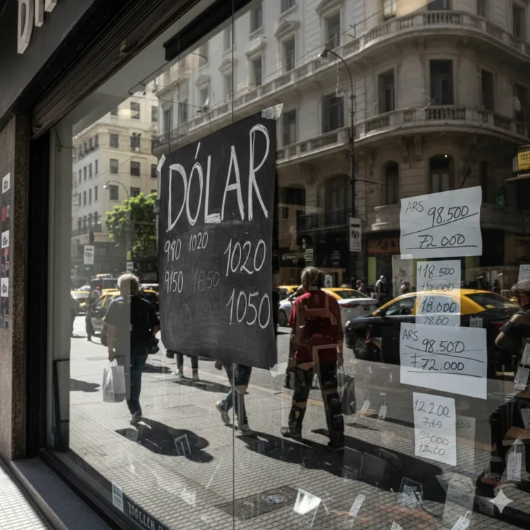 Vidriera con cartel de “dólar” y precios cambiados en un comercio
