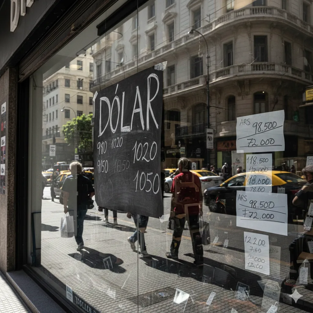 Vidriera con cartel de “dólar” y precios cambiados en un comercio