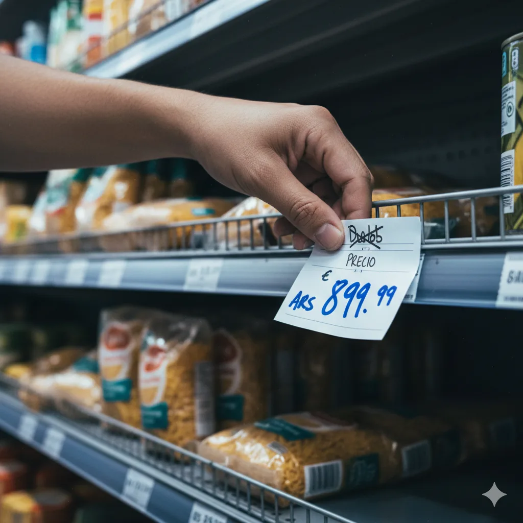 Etiquetas de precios tachadas y reemplazadas en una góndola