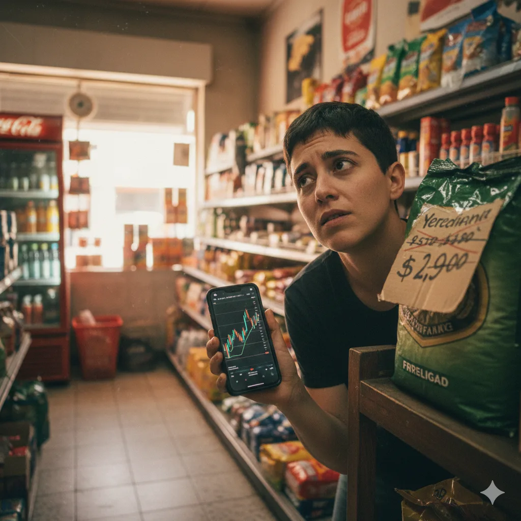 Persona mirando un gráfico de tipo de cambio en el celular y etiquetas de precios