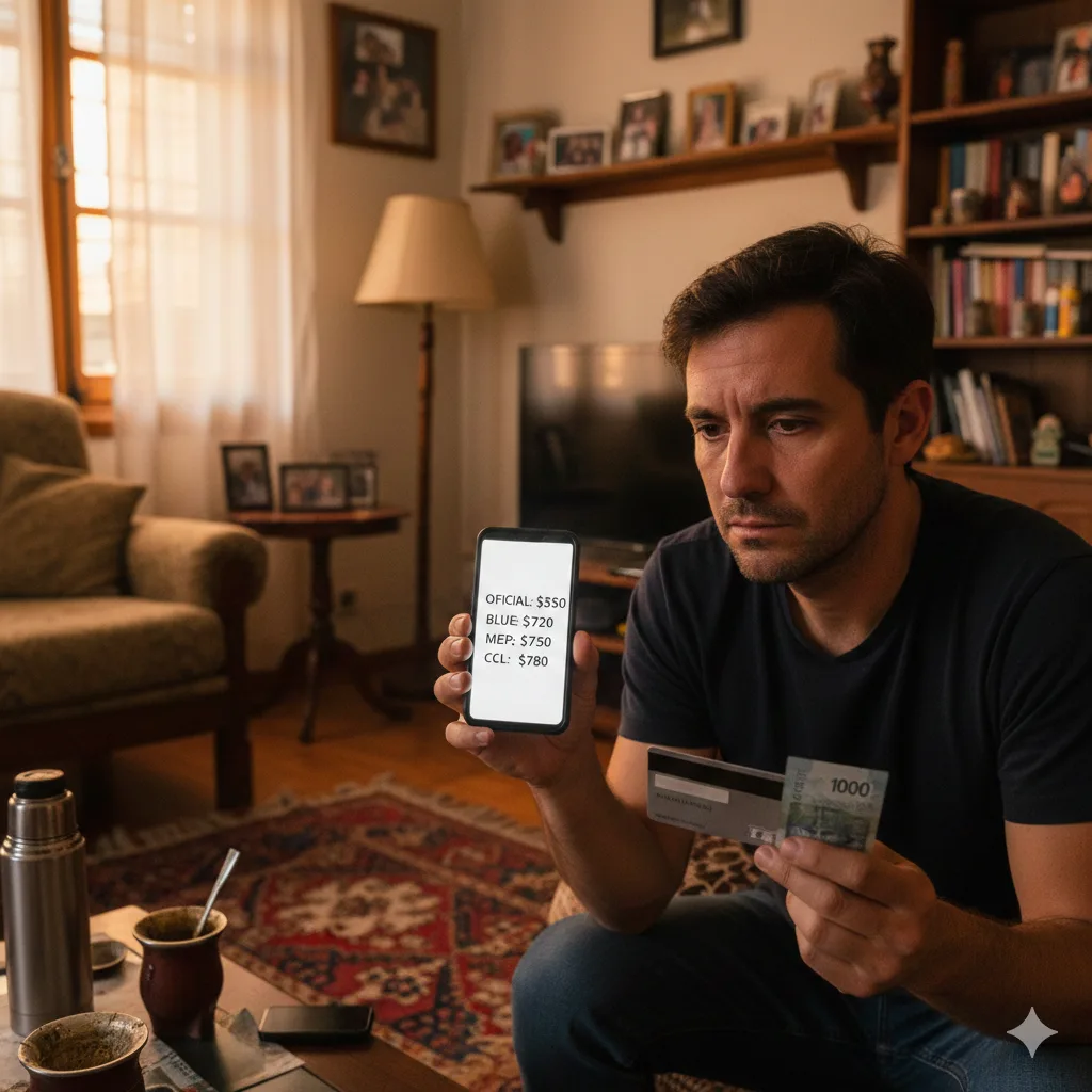 Persona mirando una pantalla con distintas cotizaciones del dólar en Argentina
