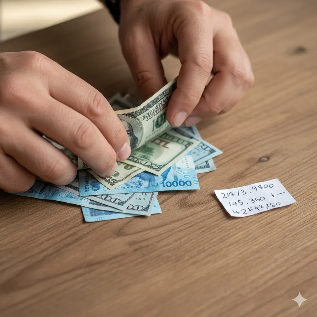 Mano contando billetes de dólar y pesos sobre una mesa