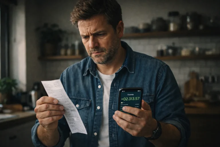 Hombre mirando con duda un ticket de supermercado y su celular
