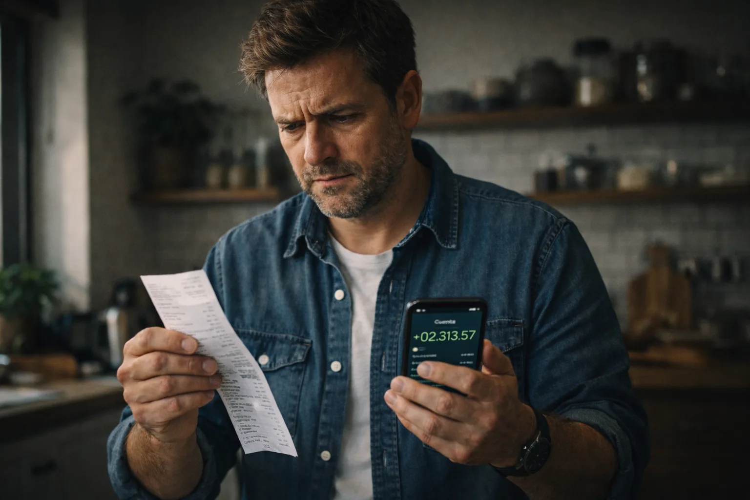 Hombre mirando con duda un ticket de supermercado y su celular