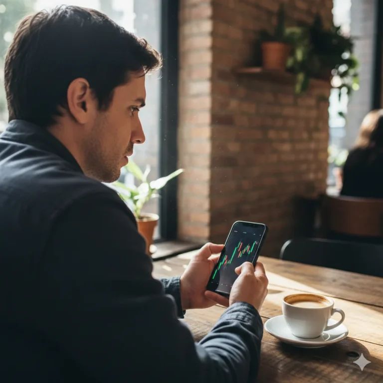 Persona argentina mirando celular con gráfico de criptomonedas y cara de duda en una cafetería de Buenos Aires