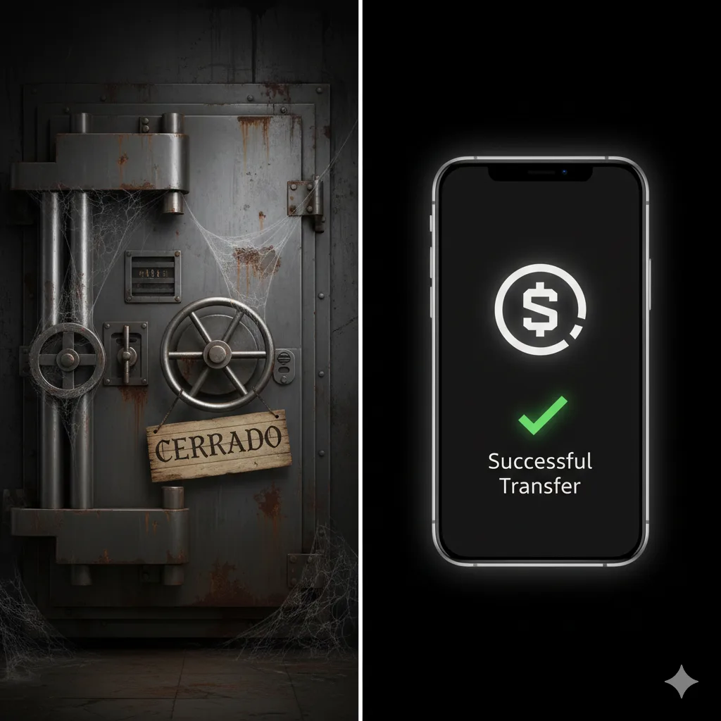 Comparación visual simple entre una bóveda de banco cerrada y un celular brillando activo