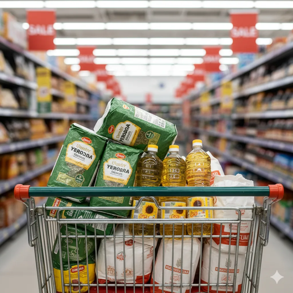 Carrito de supermercado lleno de productos básicos