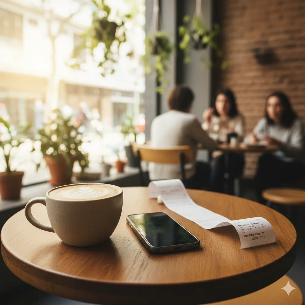 Mesa de café moderna con un ticket y un celular caro