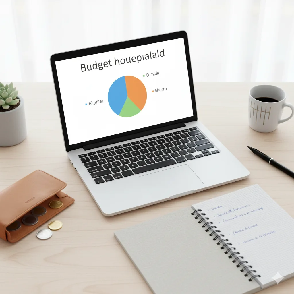 Notebook con planilla de Excel y una billetera abierta al lado