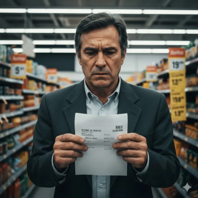 Persona revisando recibo de sueldo con preocupación en un supermercado