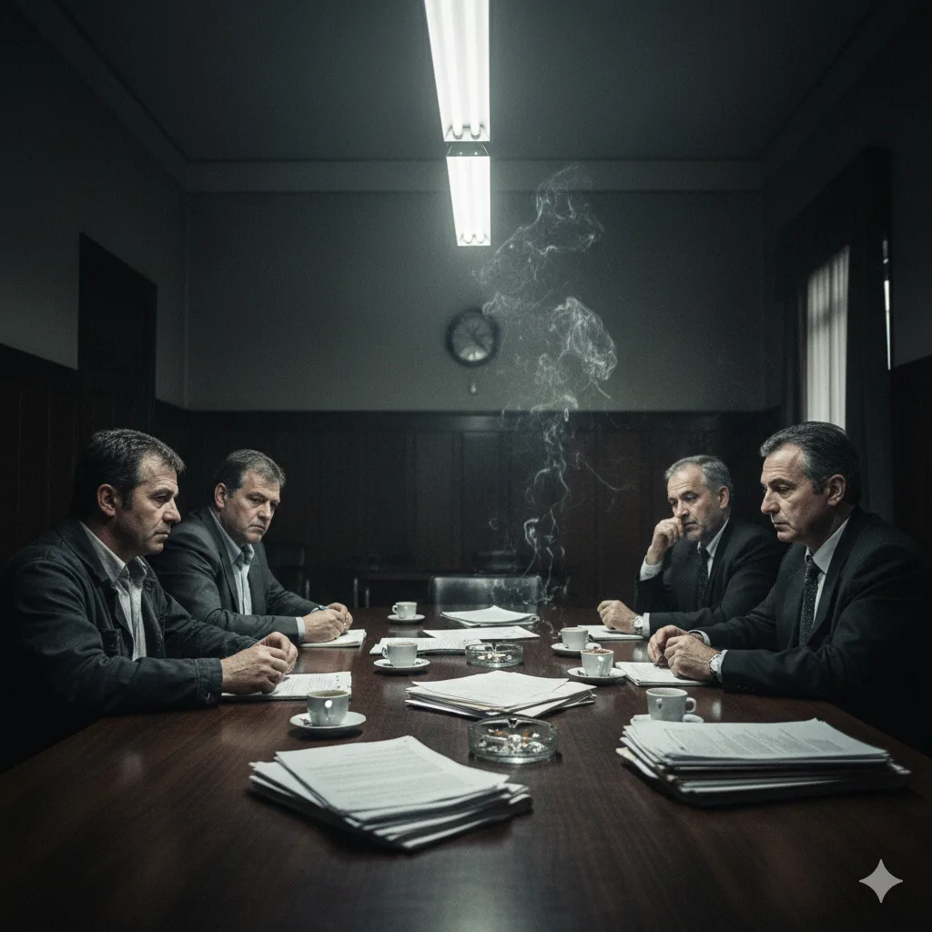 Mesa de negociación entre sindicalistas y empresarios con aspecto tenso