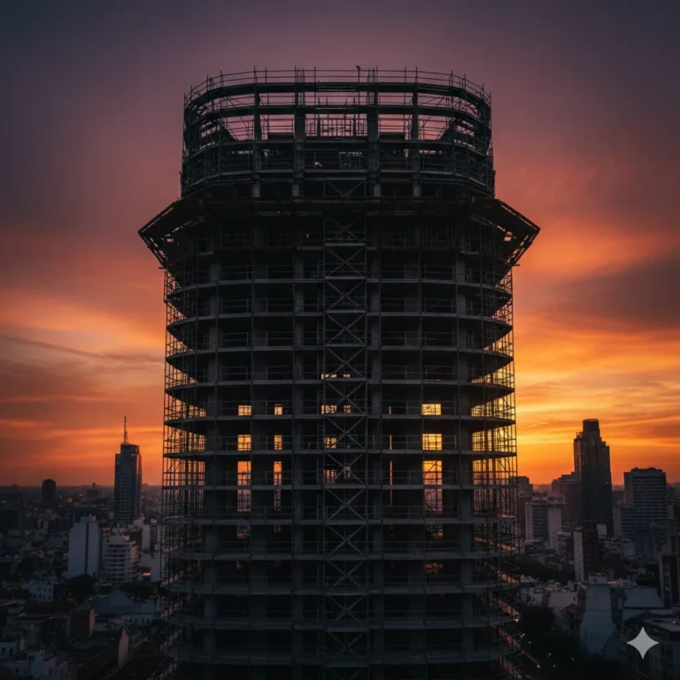 Andamio de construcción frente a un atardecer en Buenos Aires