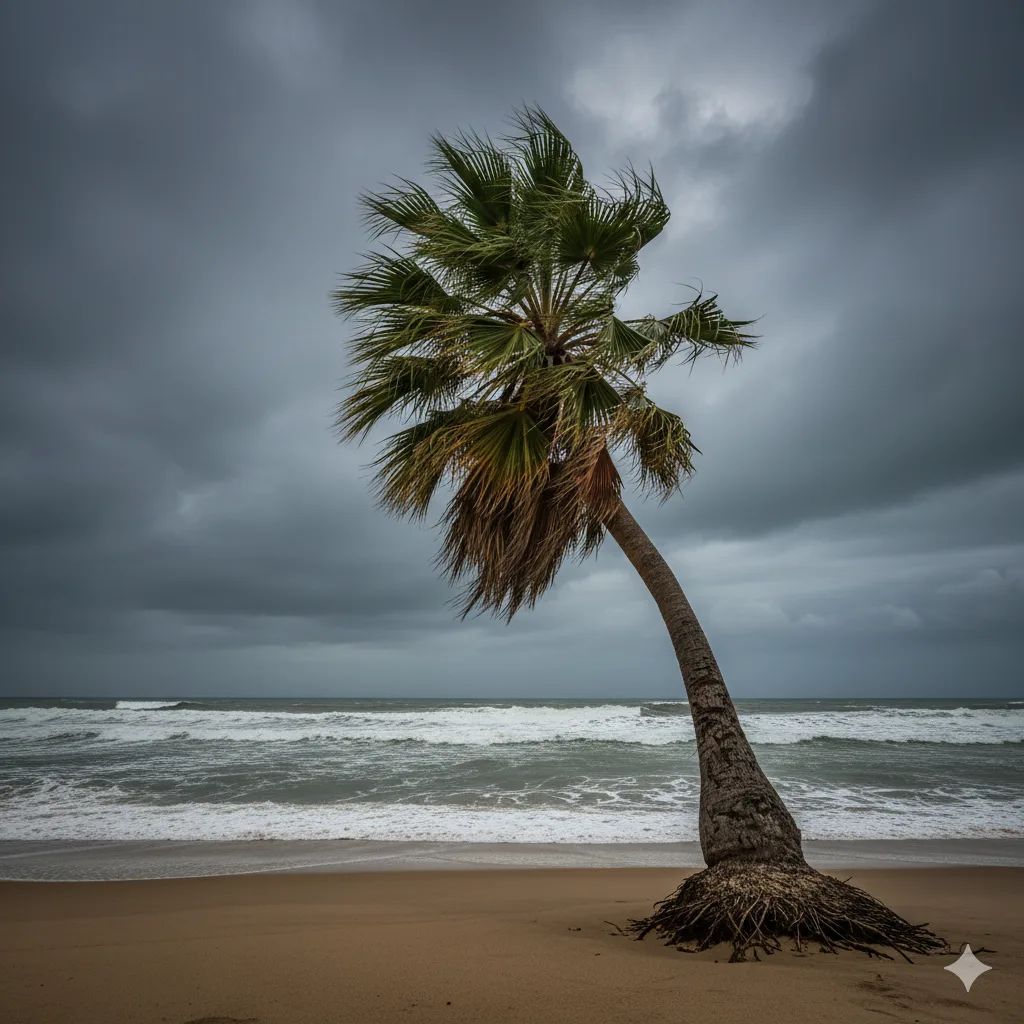 Palmera doblada por un viento fuerte frente al mar