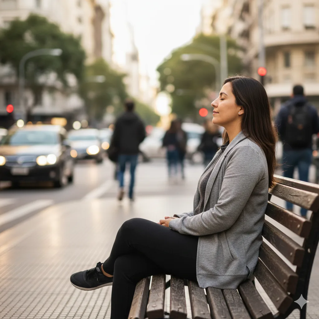 Persona meditando en una plaza tranquila en medio de la ciudad