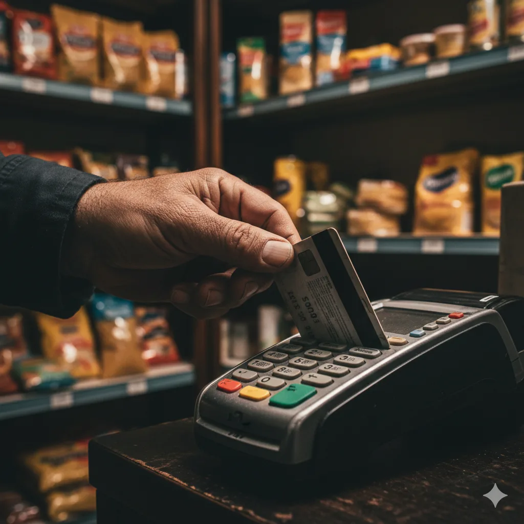 Mano pasando una tarjeta de crédito en un posnet gastado
