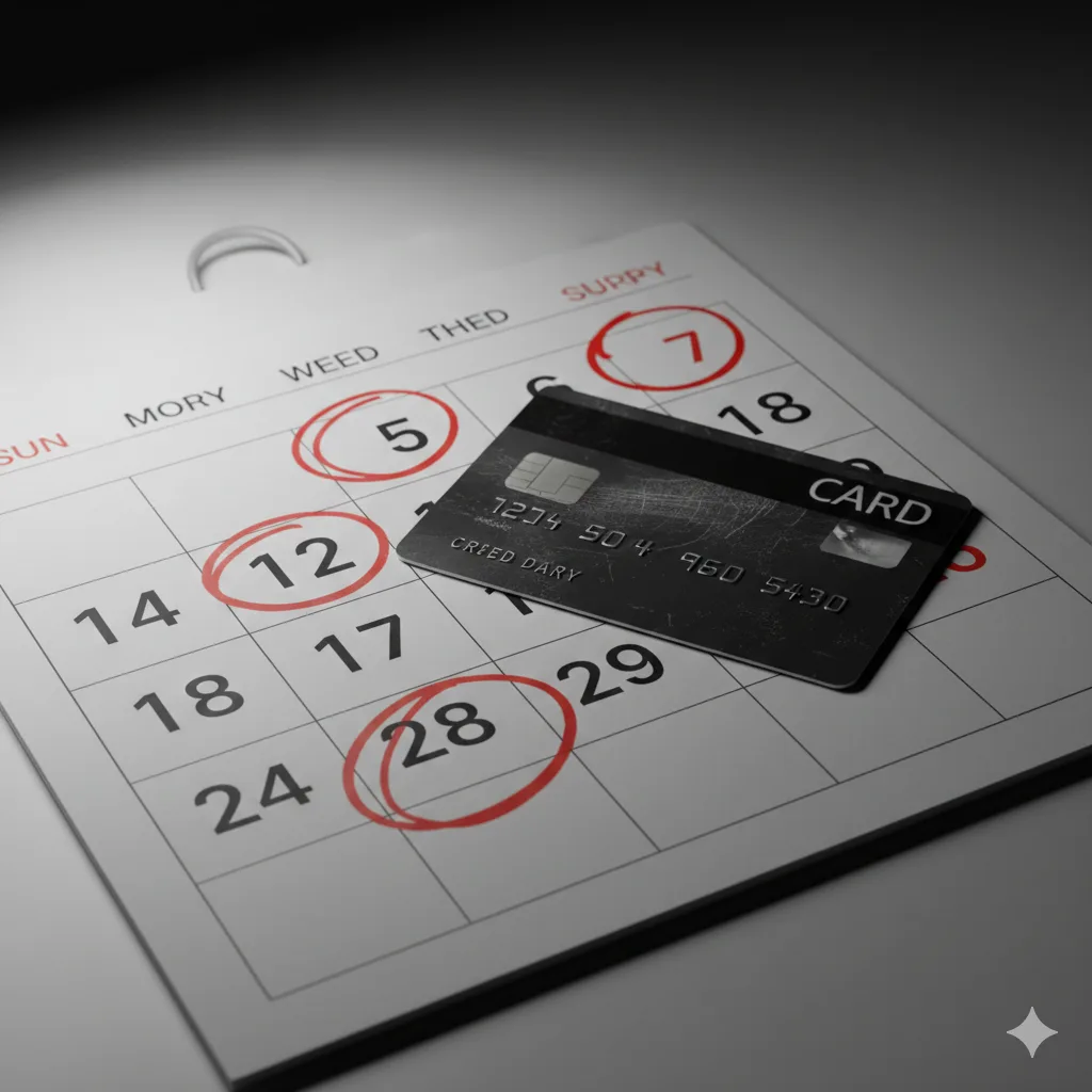 Calendario con fechas marcadas en rojo y una tarjeta de crédito encima