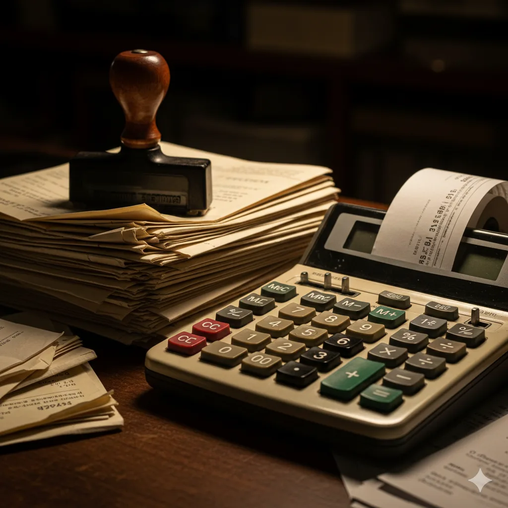 Calculadora vieja y facturas sobre un escritorio de madera