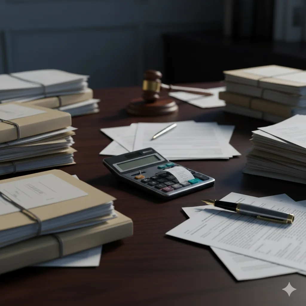 Escritorio con carpetas legales y un mazo de juez simbólico