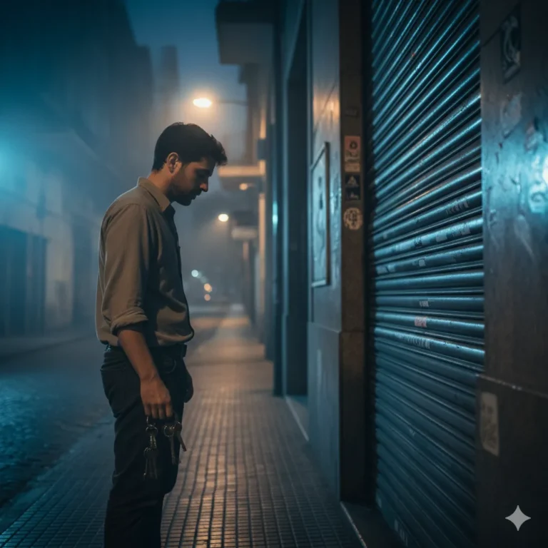 Emprendedor frente a su local cerrado por la noche con expresión cansada