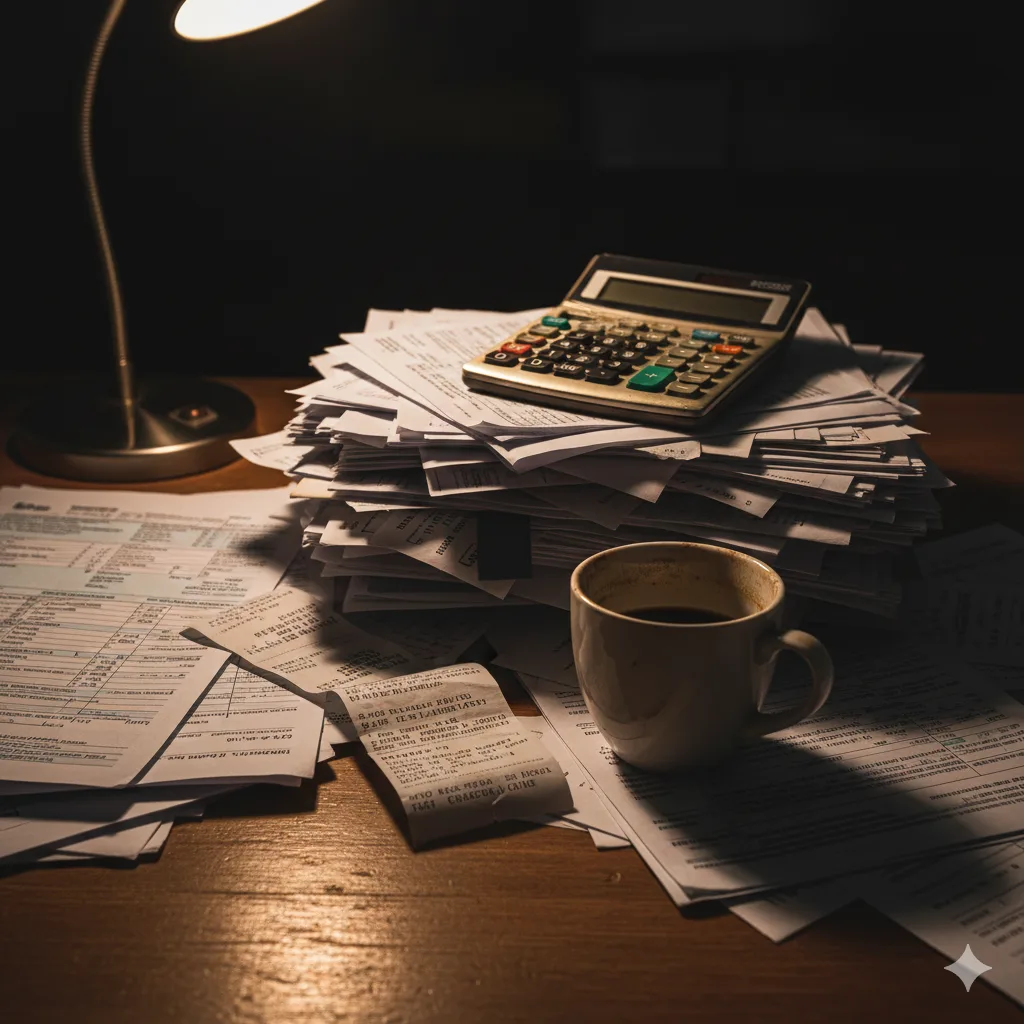 Pila de facturas y formularios impositivos con una taza de café vacía