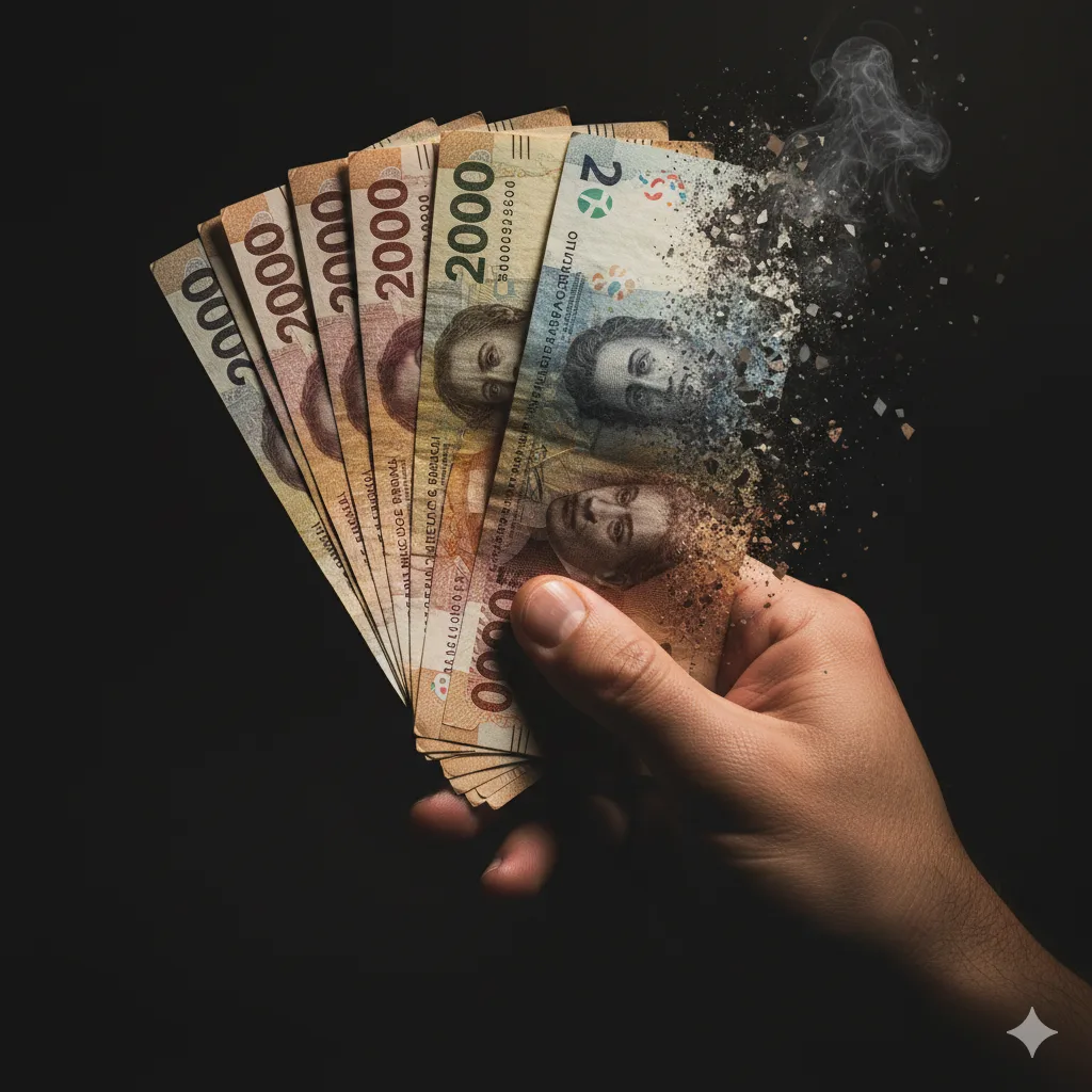 Billetes de pesos argentinos perdiendo su color o desintegrándose