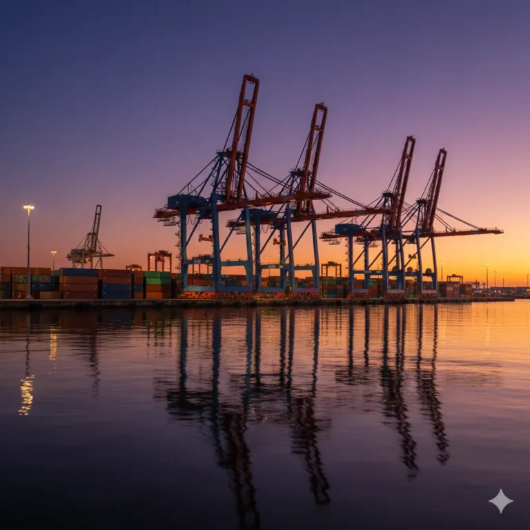 Puerto de Buenos Aires con grúas y contenedores al atardecer