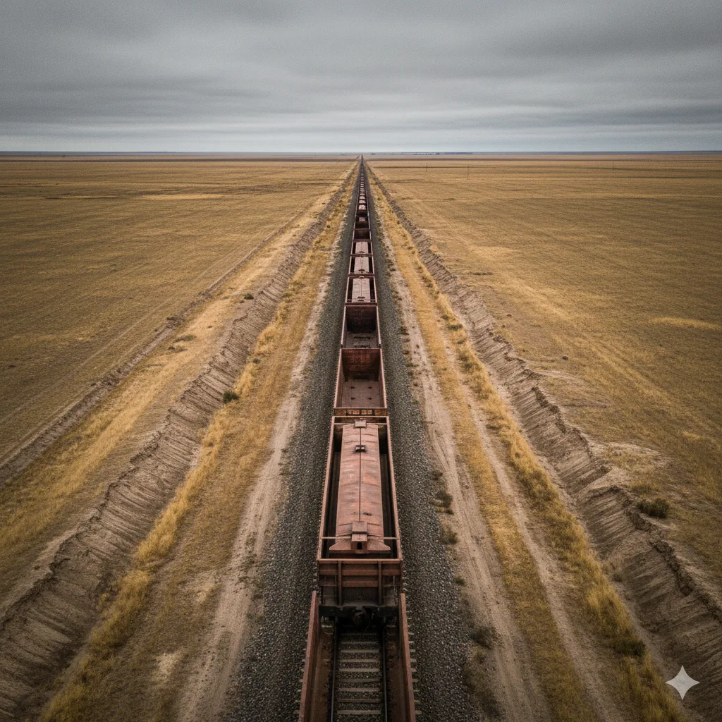 Tren de carga atravesando un campo seco